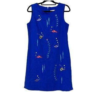 Victoria Holley women’s size 10 blue fish embroidered sheath linen dress lined